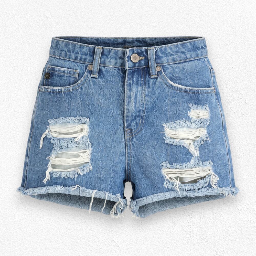 Kancan Light Wash High Waisted Distressed Denim Cut Off Denim Shorts Size 25